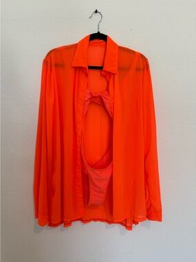 Matt Collection Women’s Orange Cover Up & Thong One-Piece Swimsuit Size Medium